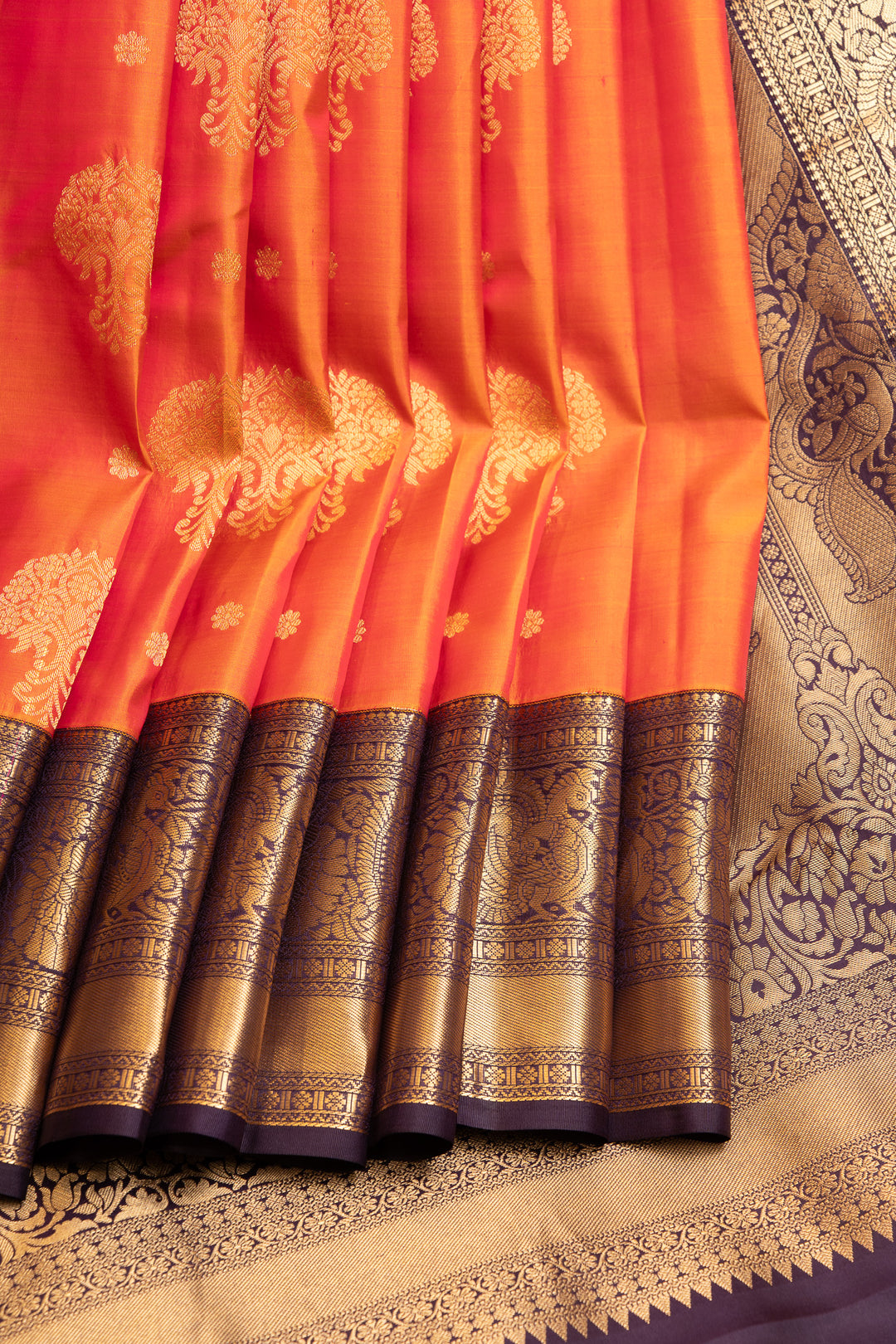 Peach orange and purple pure soft silk saree