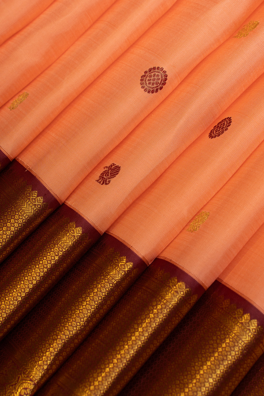 Peach and maroon traditional pure Kanchipuram silk saree