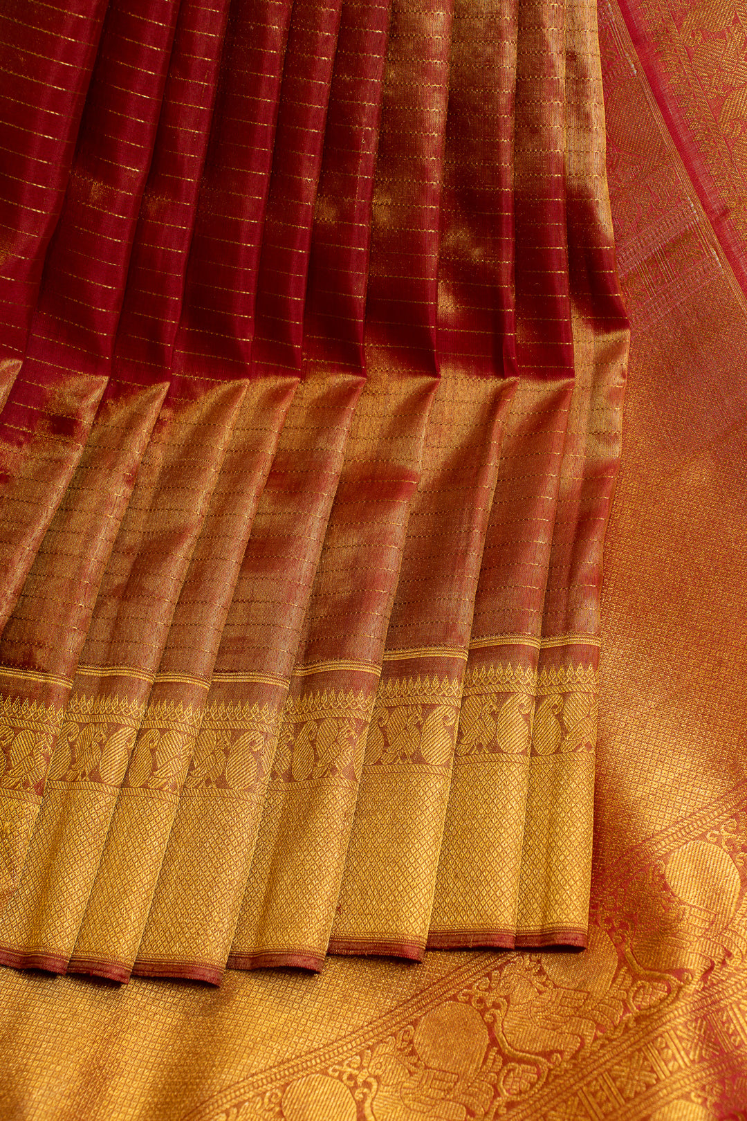 Red and gold vintage tissue pure Kanchipuram silk saree