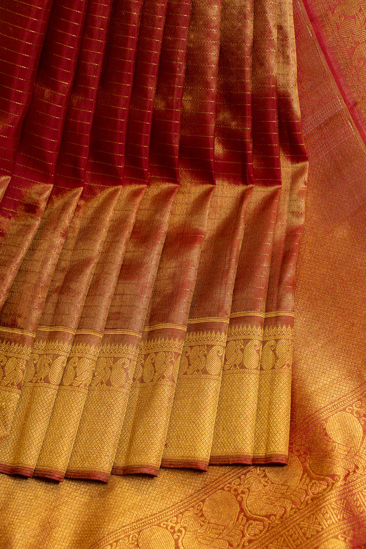 Red and gold vintage tissue pure Kanchipuram silk saree