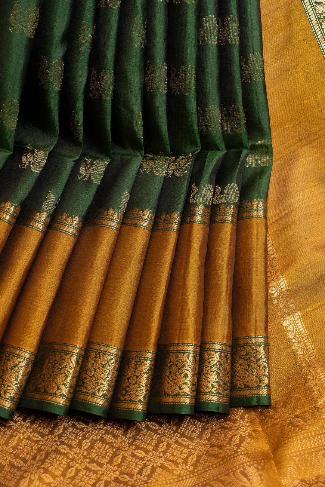 Bottle green and mustard pure Kanchipuram silk saree