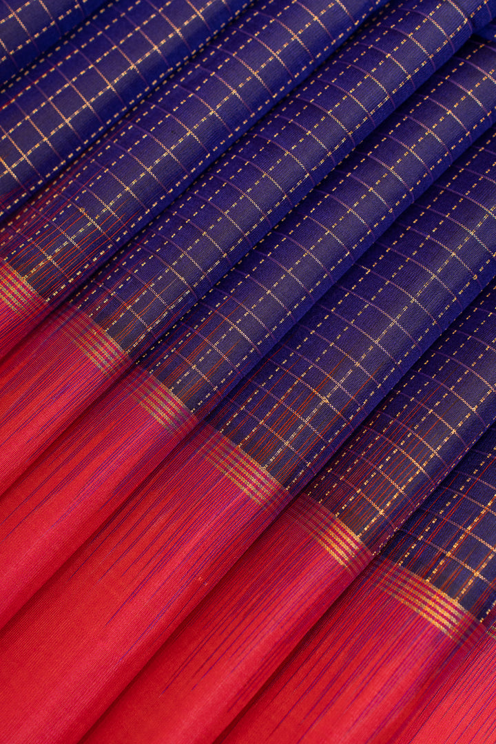 Ink blue zari checks pure soft silk saree