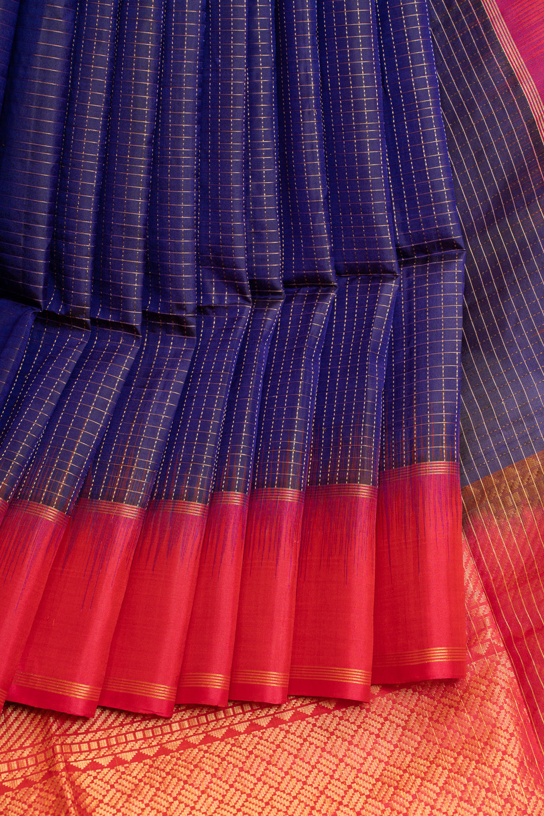 Ink blue zari checks pure soft silk saree