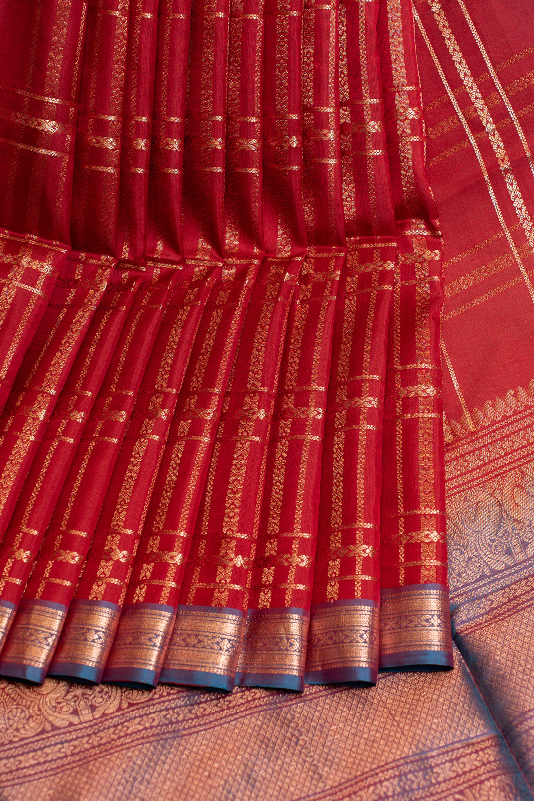 Red ornamental zari checks pure Kanchipuram silk saree