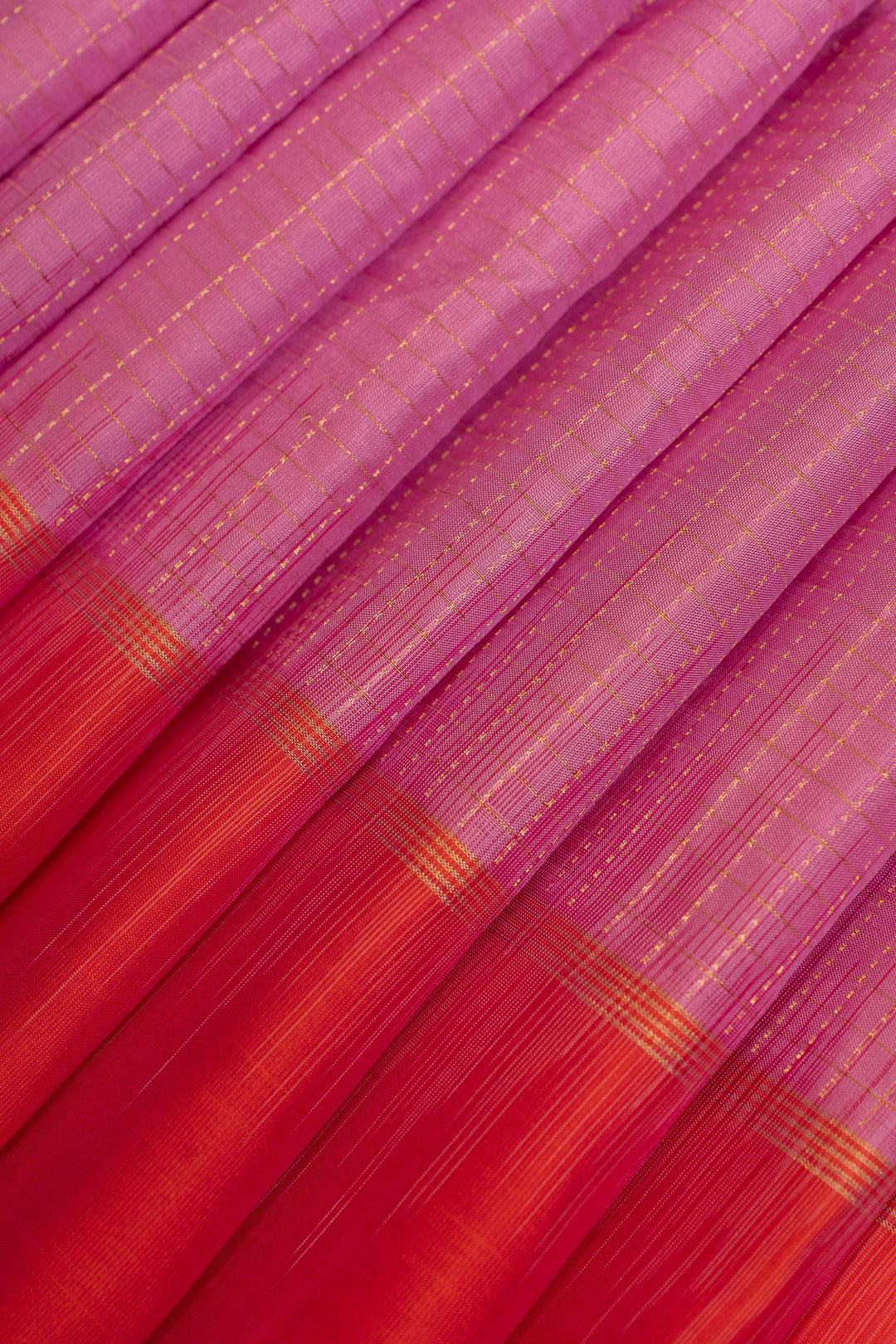 Lilac and red zari checks pure soft silk saree