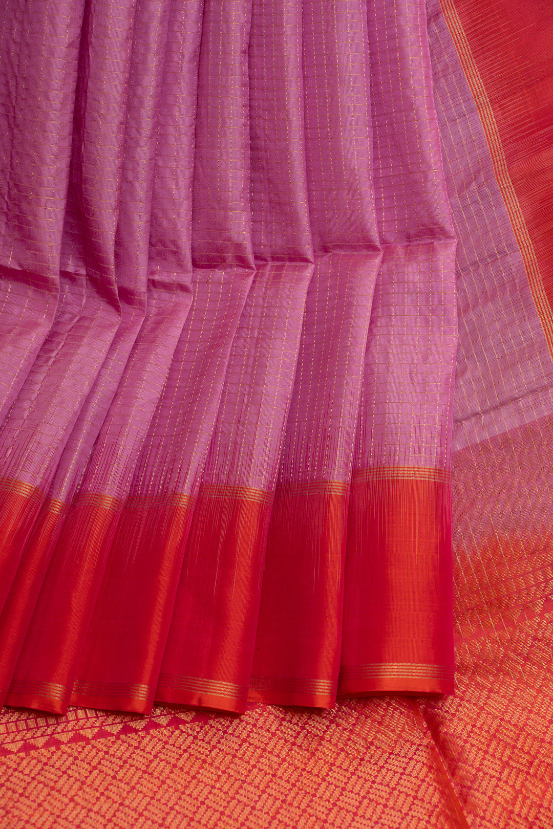 Lilac and red zari checks pure soft silk saree