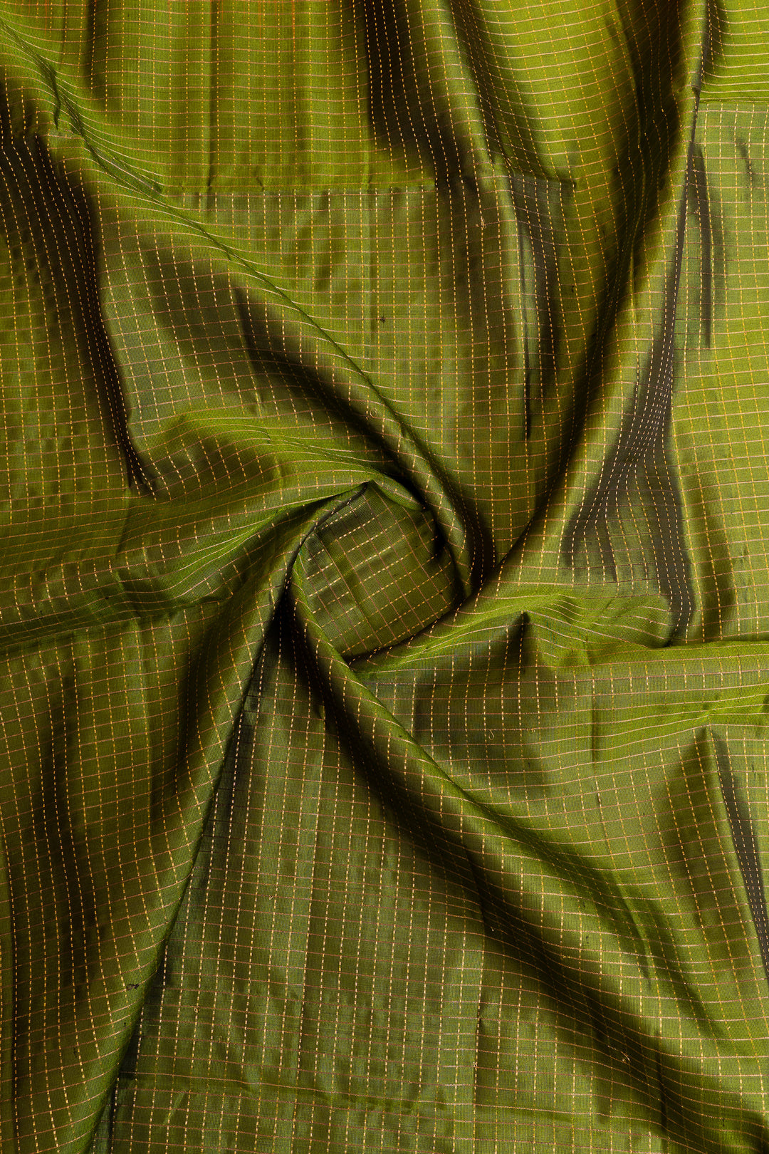 Olive green zari checks pure soft silk saree