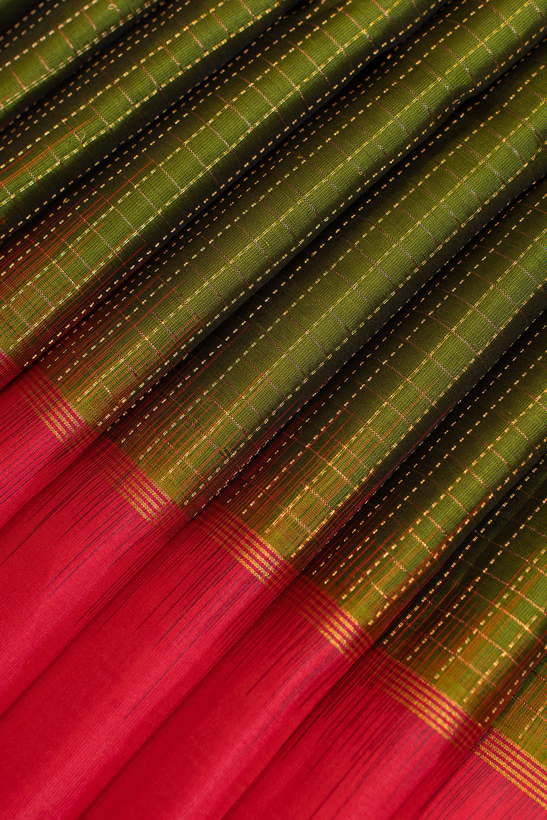 Olive green zari checks pure soft silk saree