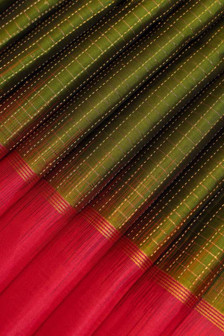 Olive green zari checks pure soft silk saree