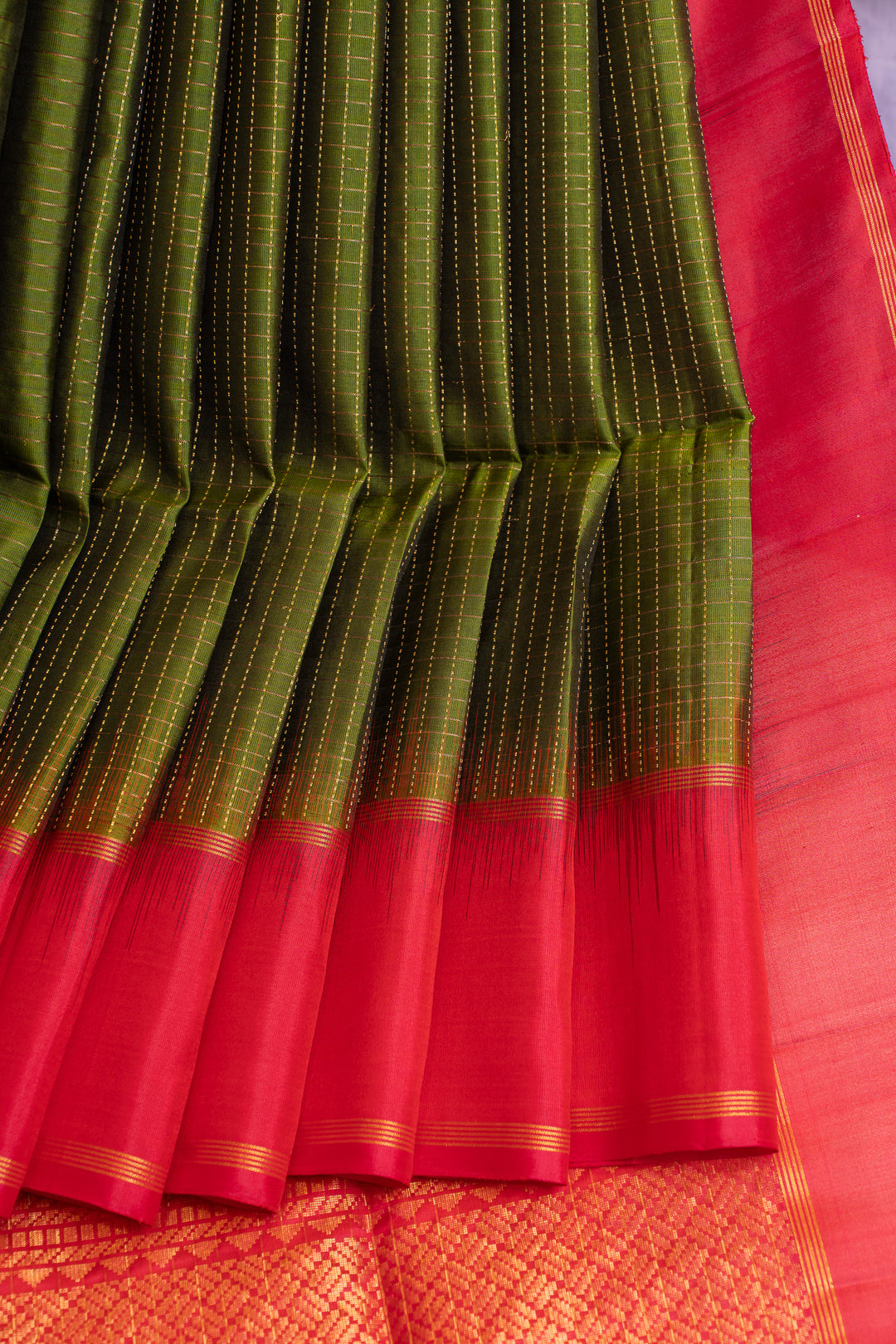 Olive green zari checks pure soft silk saree