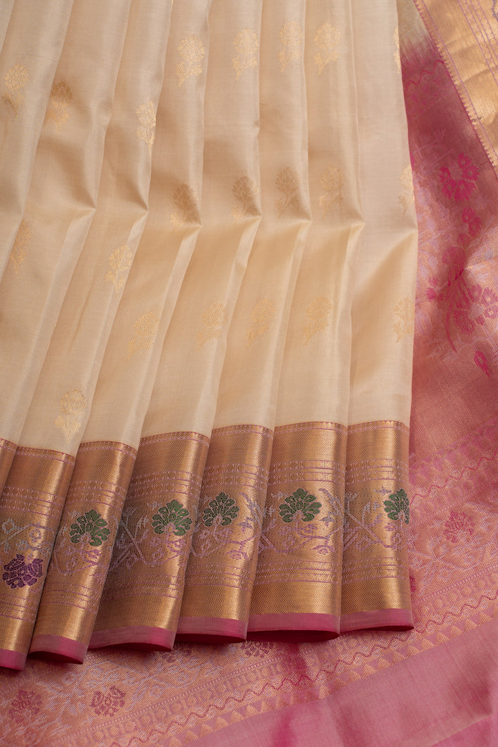 Ivory and pink Paithani pure  soft silk saree