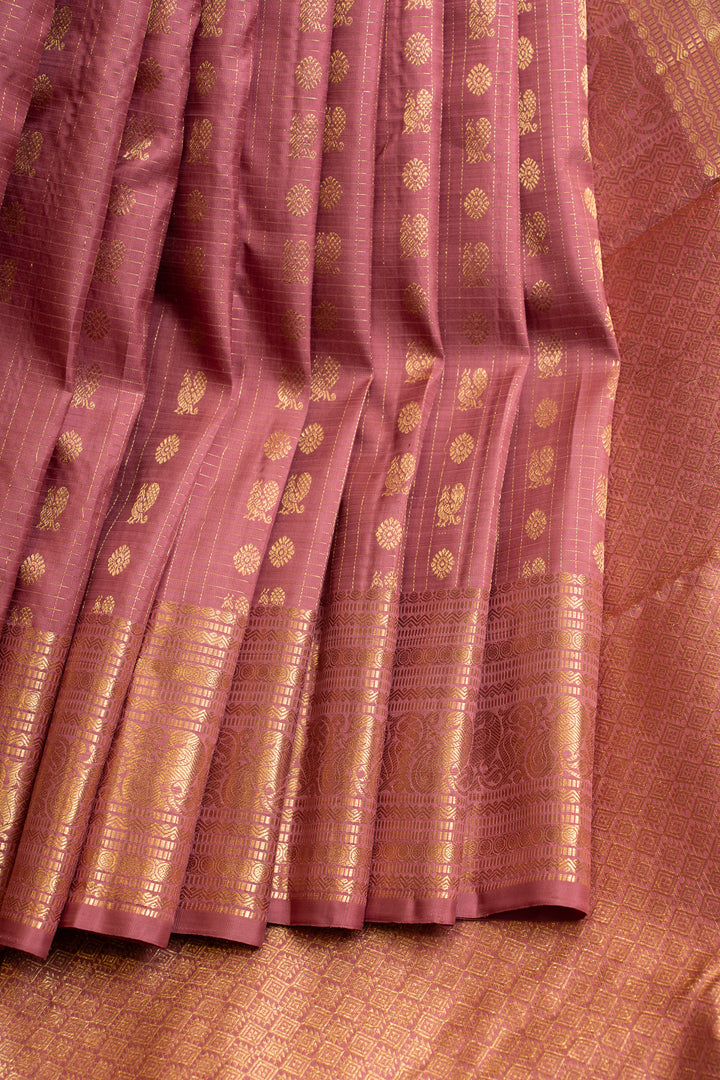 Lotus pink zari panel pure Kanchipuram silk saree