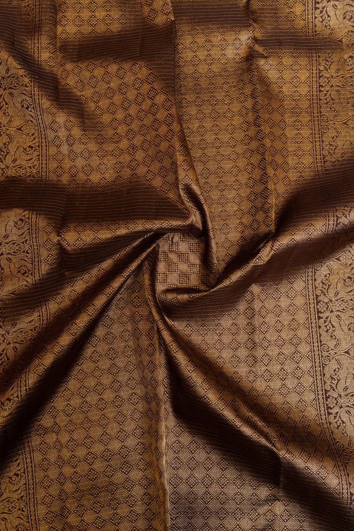 Rust orange and brown zari panel pure Kanchipuram silk saree