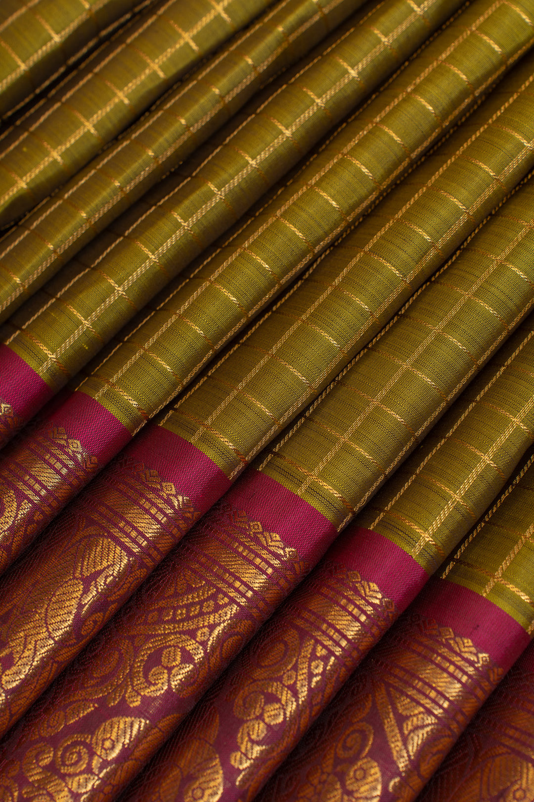 Mehendi  green checks and magenta pure Kanchipuram silk saree