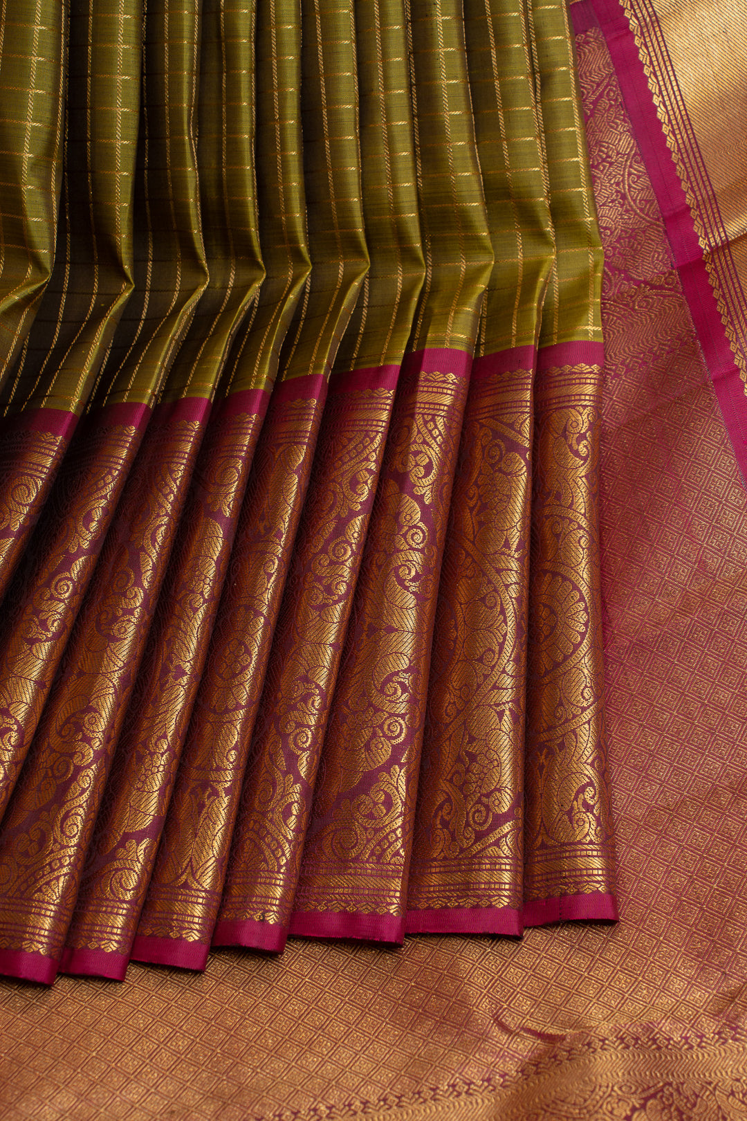 Mehendi  green checks and magenta pure Kanchipuram silk saree