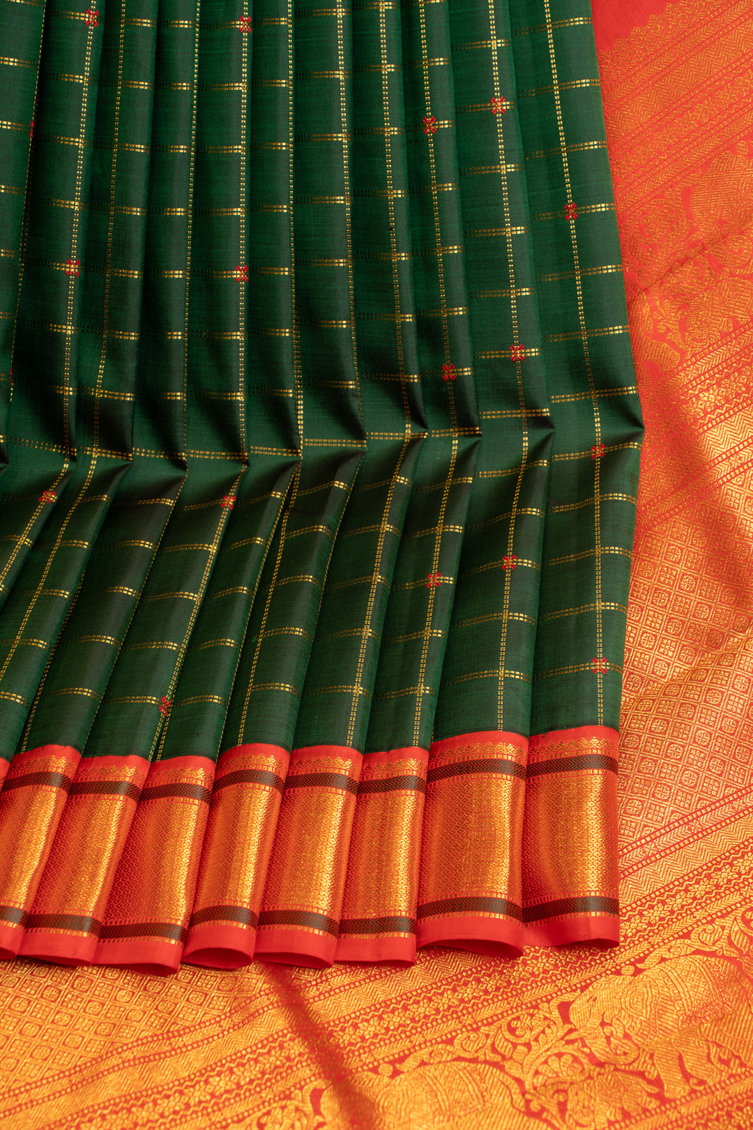 Emerald green zari checks pure Kanchipuram silk  saree