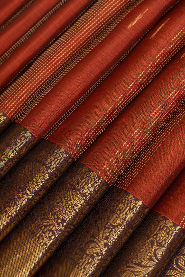 Rust orange zari panel pure Kanchipuram silk saree