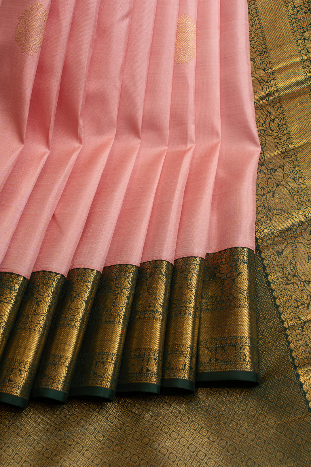 Pink and green traditional pure Kanchipuram silk saree