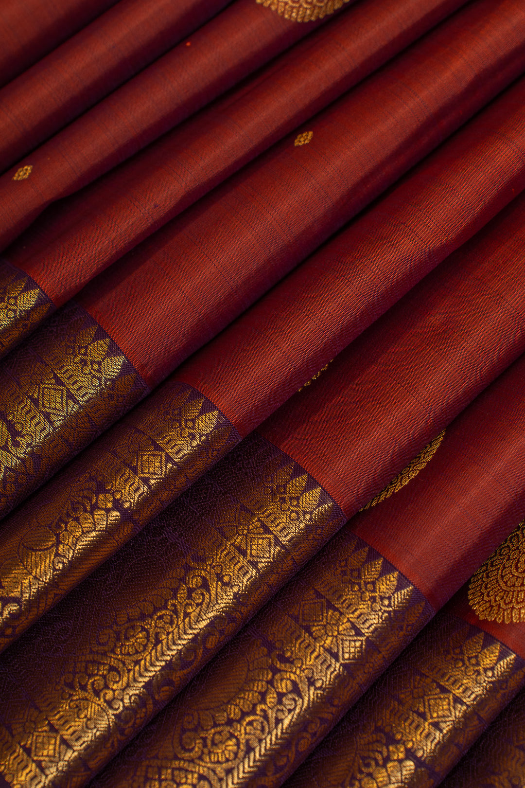 Rust maroon and purple pure Kanchipuram silk saree