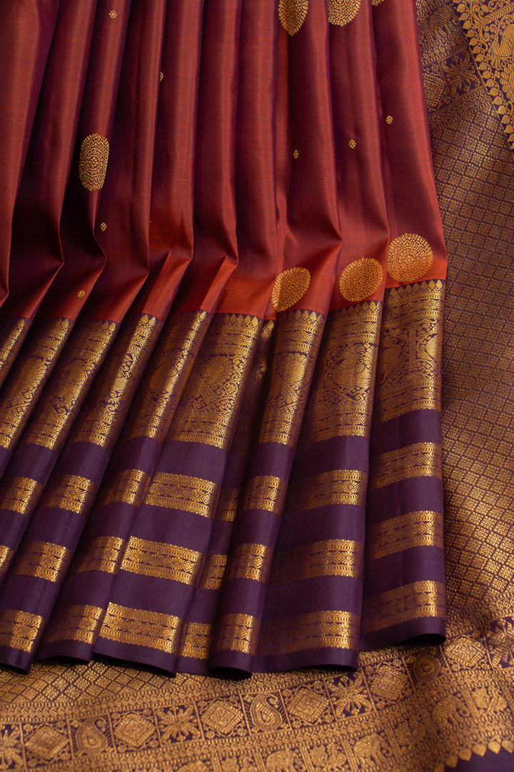 Rust maroon and purple pure Kanchipuram silk saree