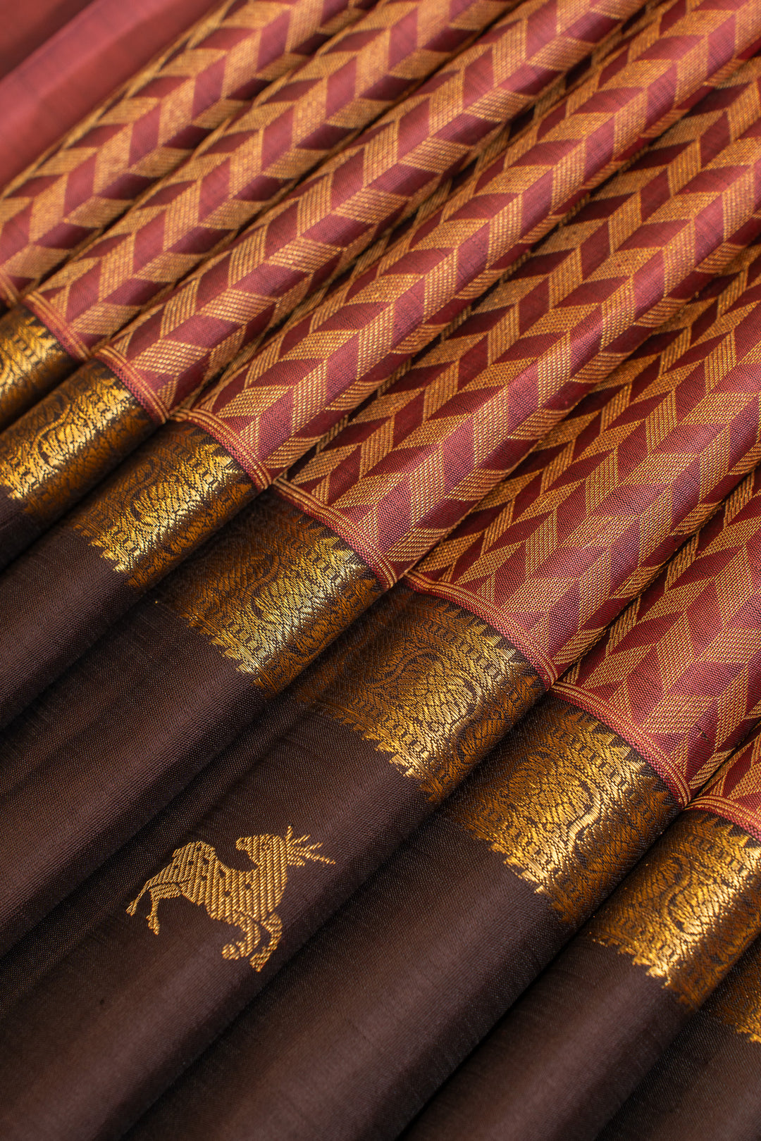 Maroon and brown brocade pure Kanchipuram silk saree