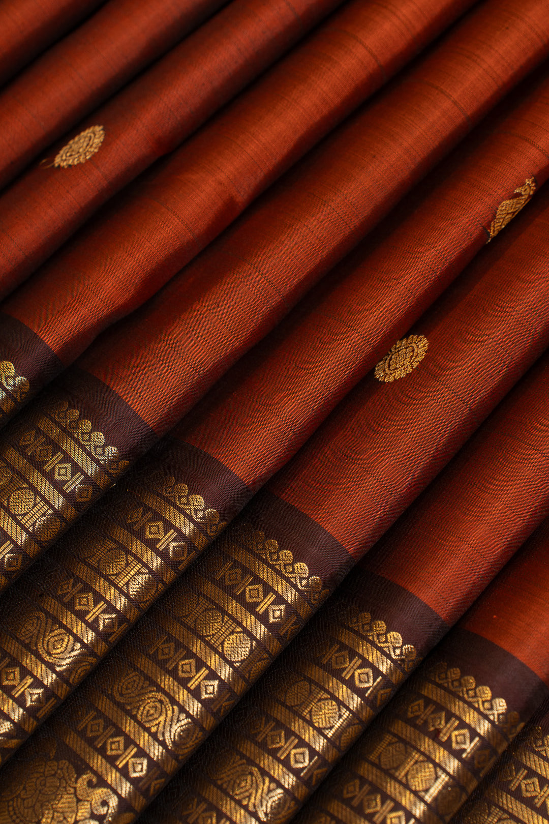 Rust orange and brown Varisaipettu pure Kanchipuram silk saree
