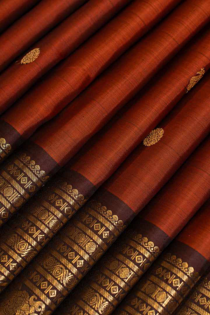 Rust orange and brown Varisaipettu pure Kanchipuram silk saree