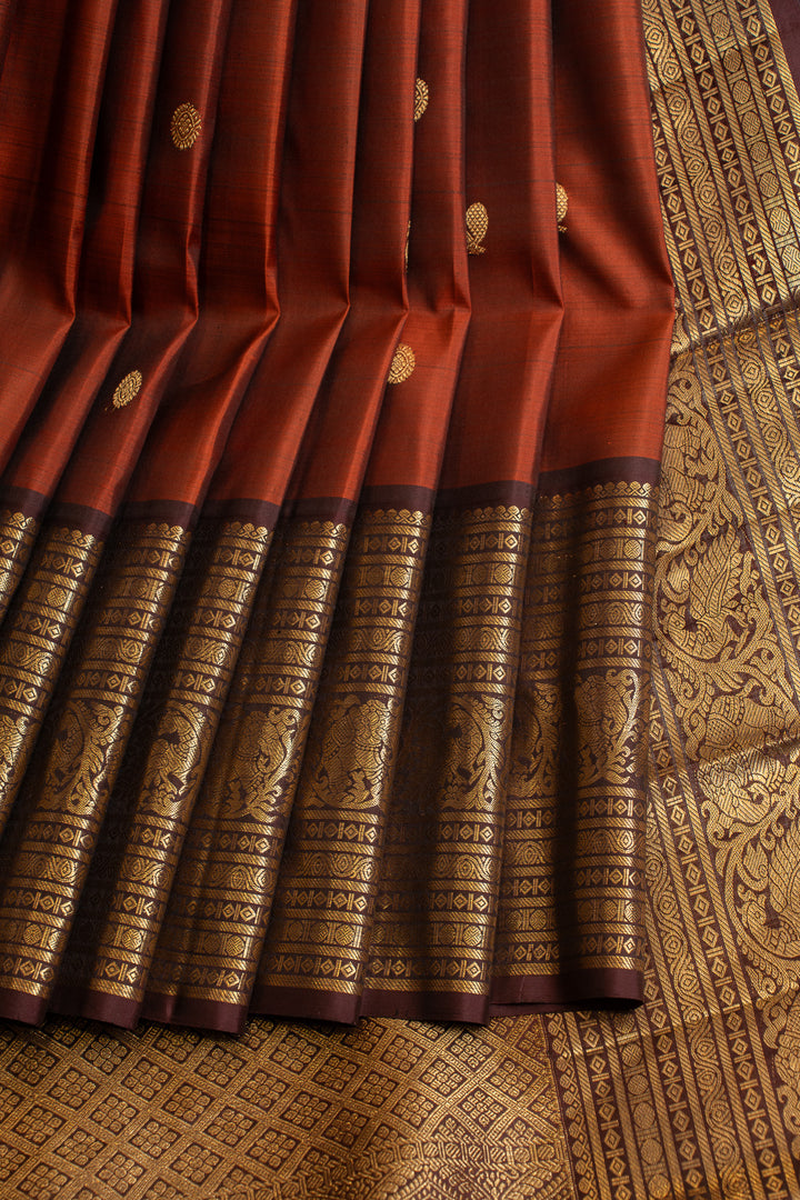 Rust orange and brown Varisaipettu pure Kanchipuram silk saree