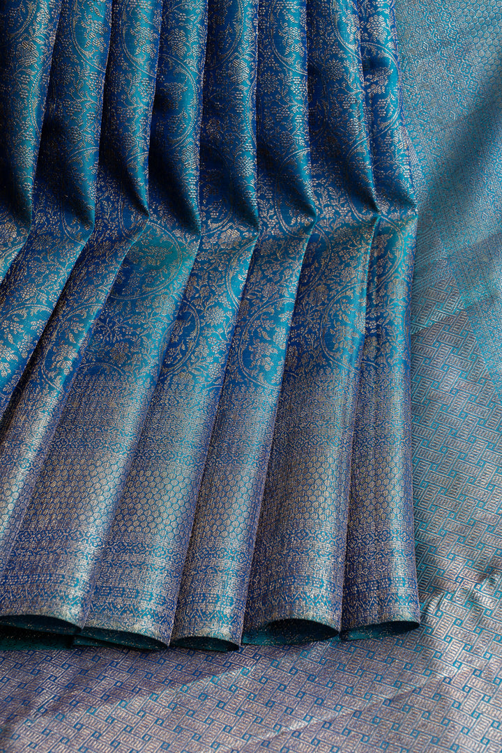 Peacock blue brocade pure Kanchipuram silk saree