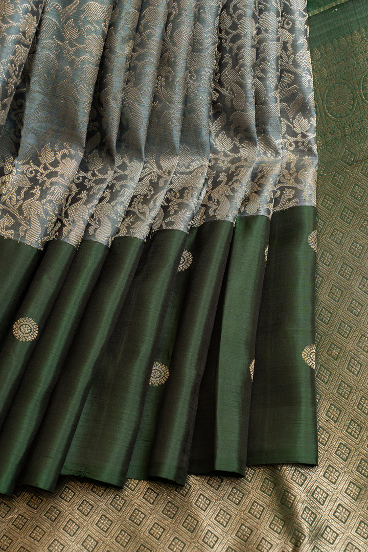 Grey vanasingaram pure Kanchipuram silk saree