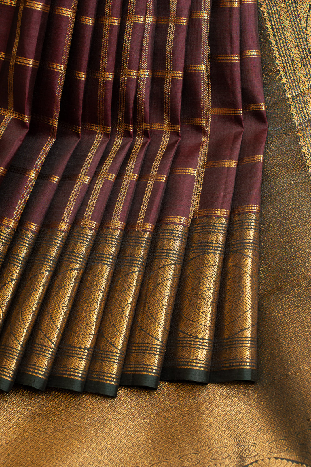Jamun and green checks pure Kanchipuram silk saree