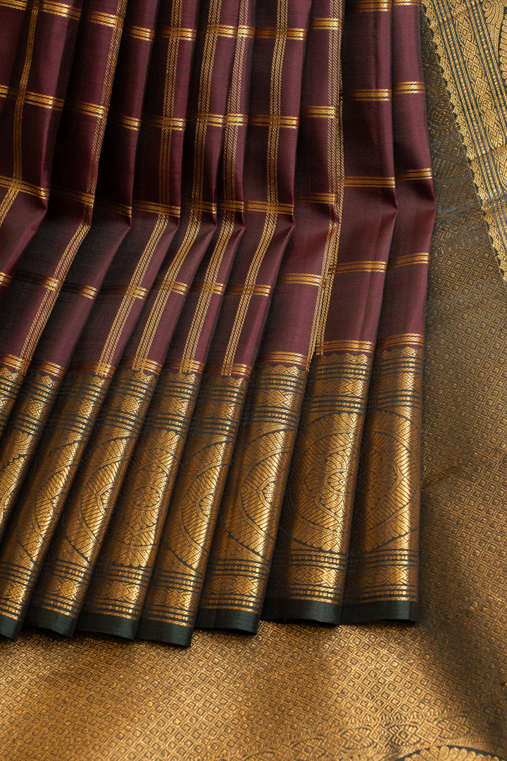 Jamun and green checks pure Kanchipuram silk saree