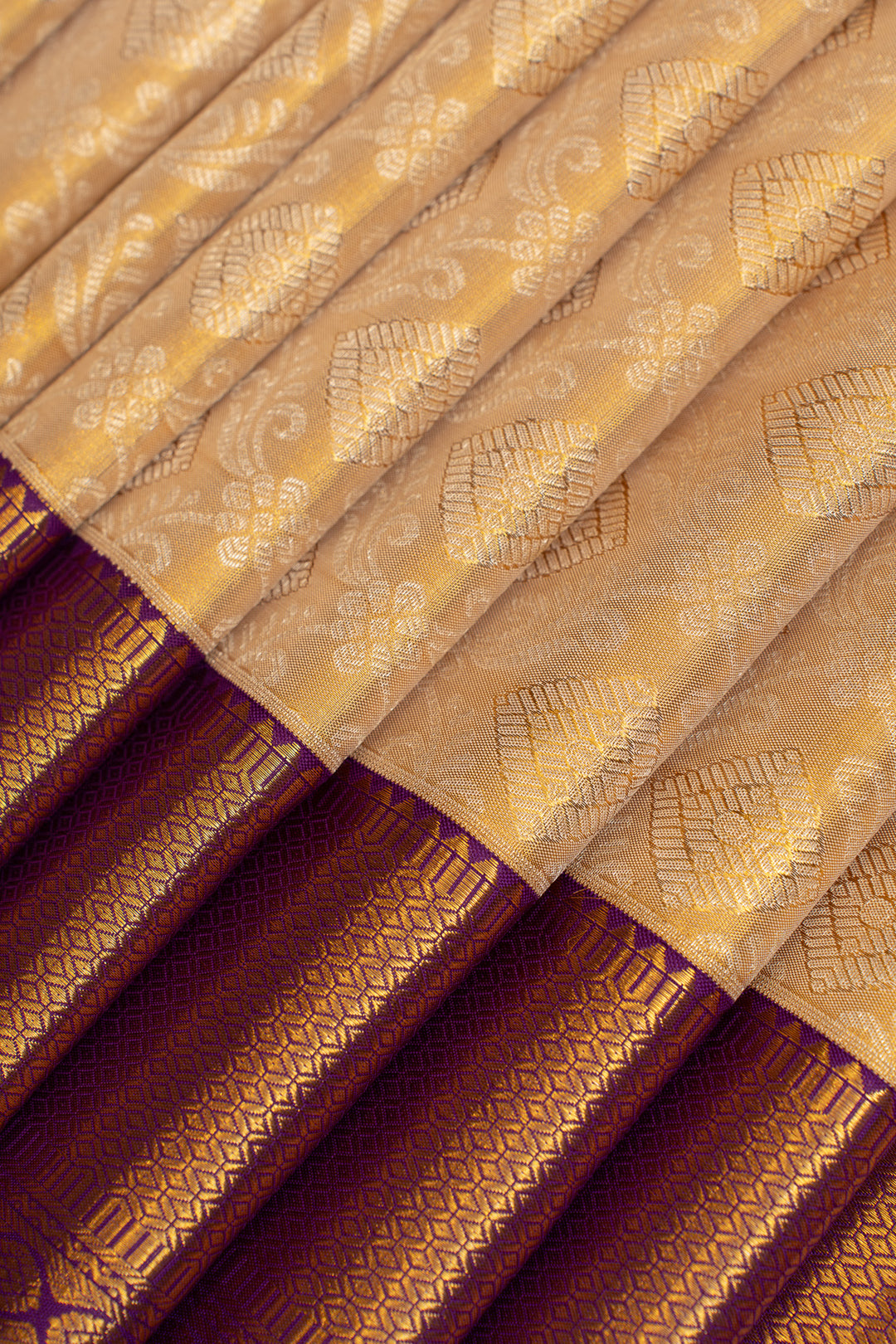 Cream and purple brocade pure Kanchipuram silk saree