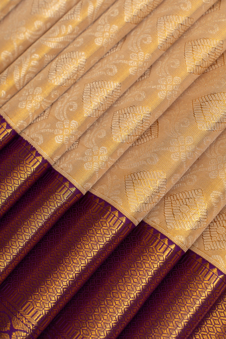 Cream and purple brocade pure Kanchipuram silk saree
