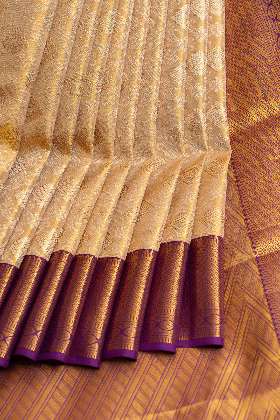 Cream and purple brocade pure Kanchipuram silk saree