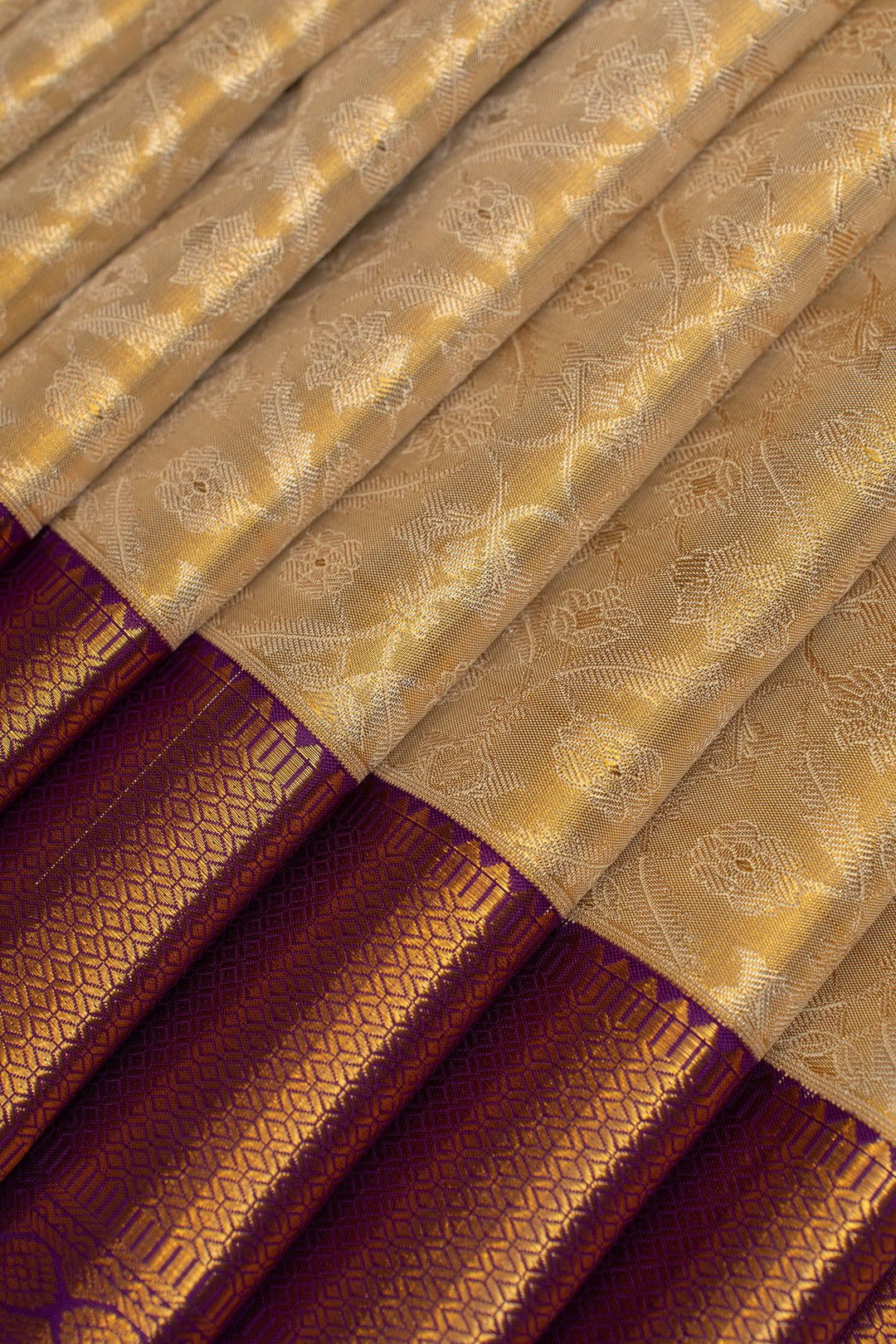 Cream and purple brocade pure Kanchipuram silk saree