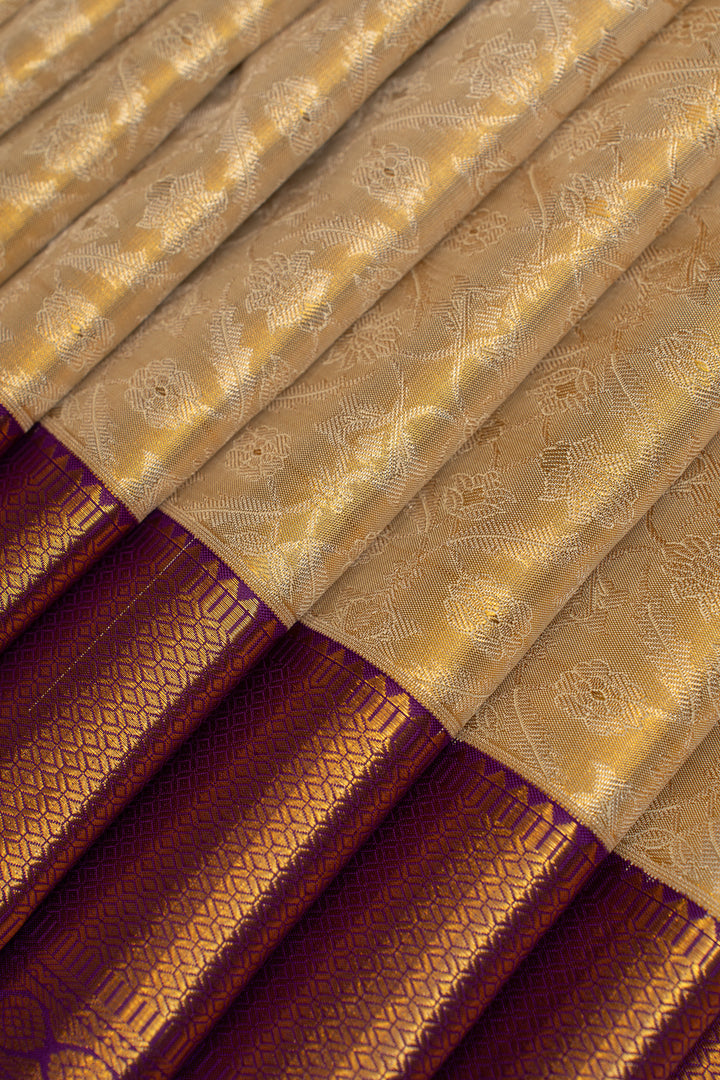 Cream and purple brocade pure Kanchipuram silk saree