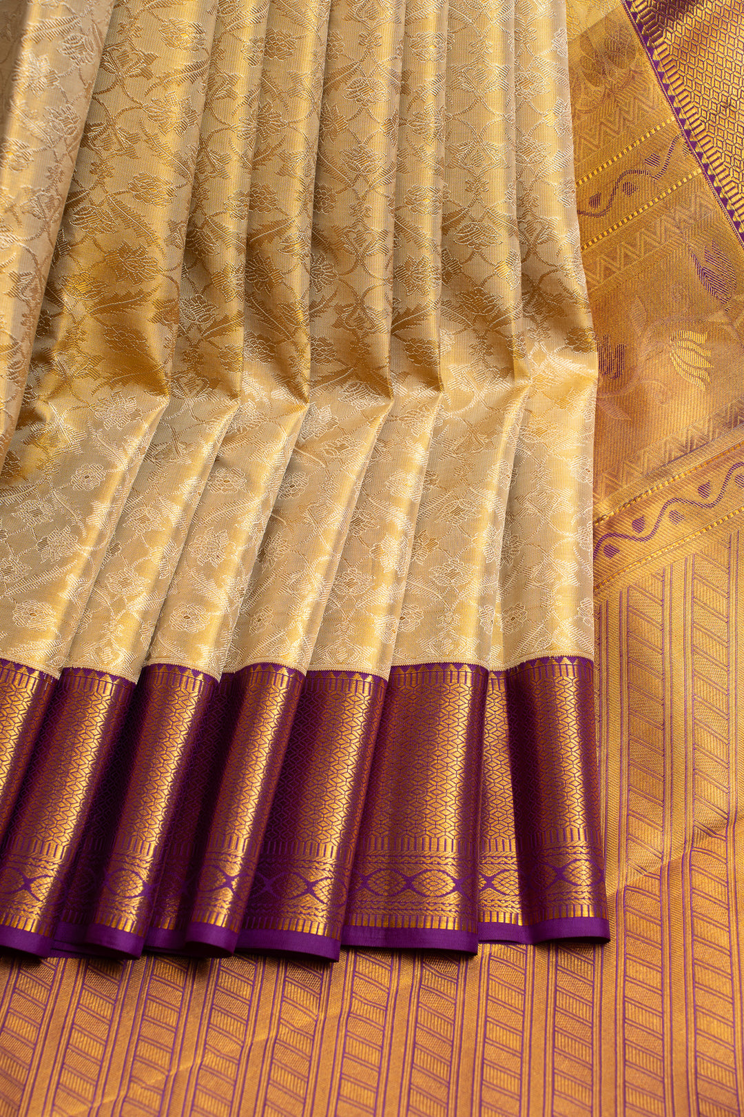 Cream and purple brocade pure Kanchipuram silk saree