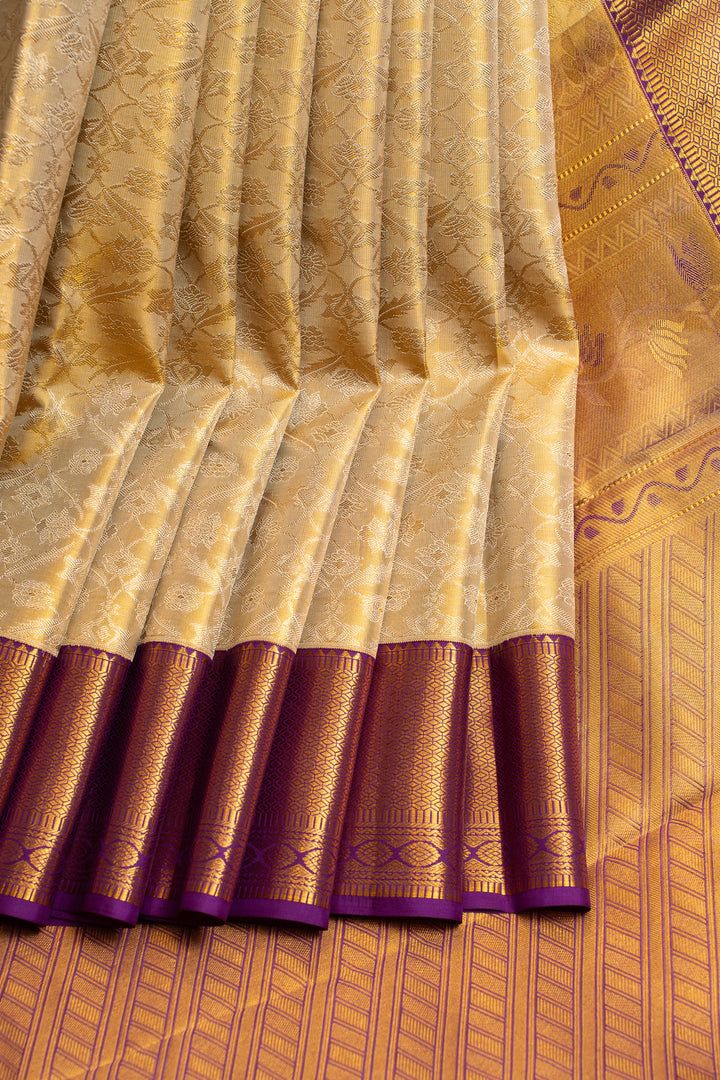 Cream and purple brocade pure Kanchipuram silk saree