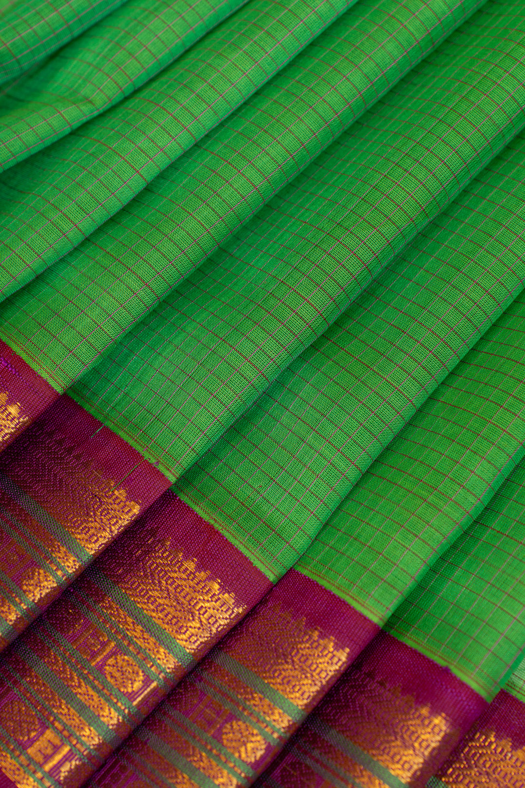 Green and pink checks pure silk cotton saree