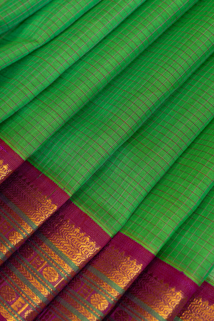 Green and pink checks pure silk cotton saree