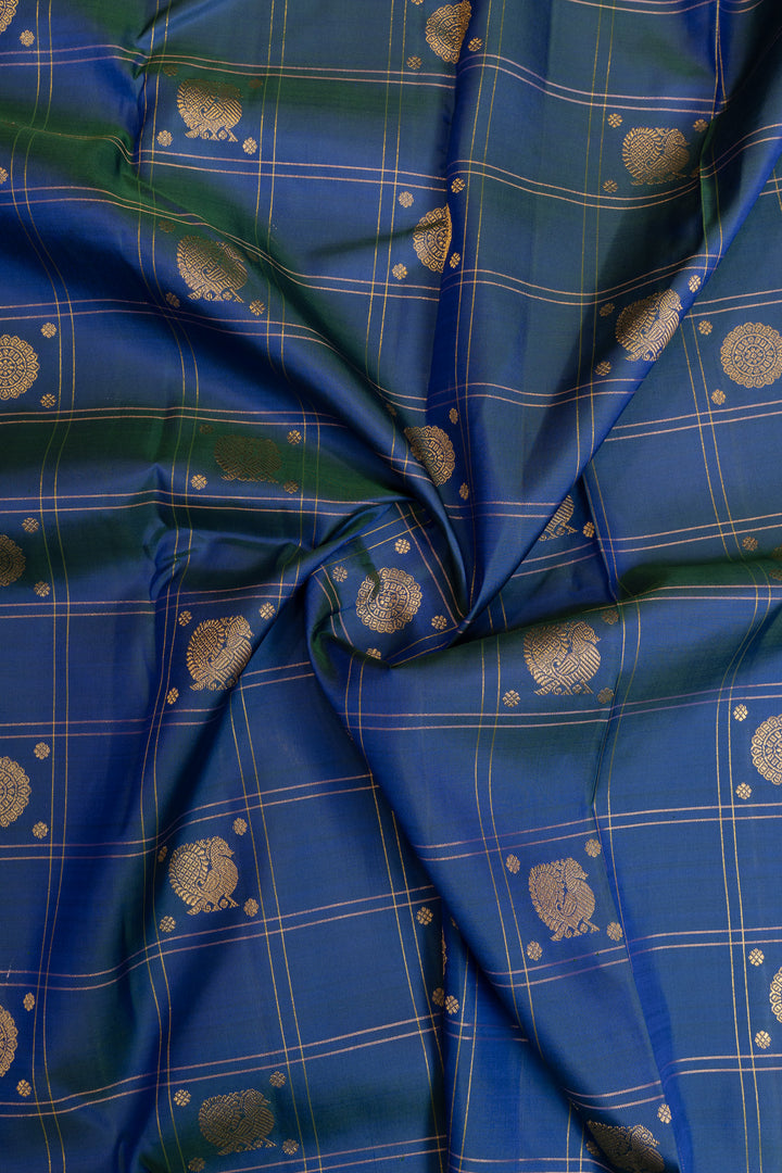 Peacock blue small border pure Kanchipuram silk saree