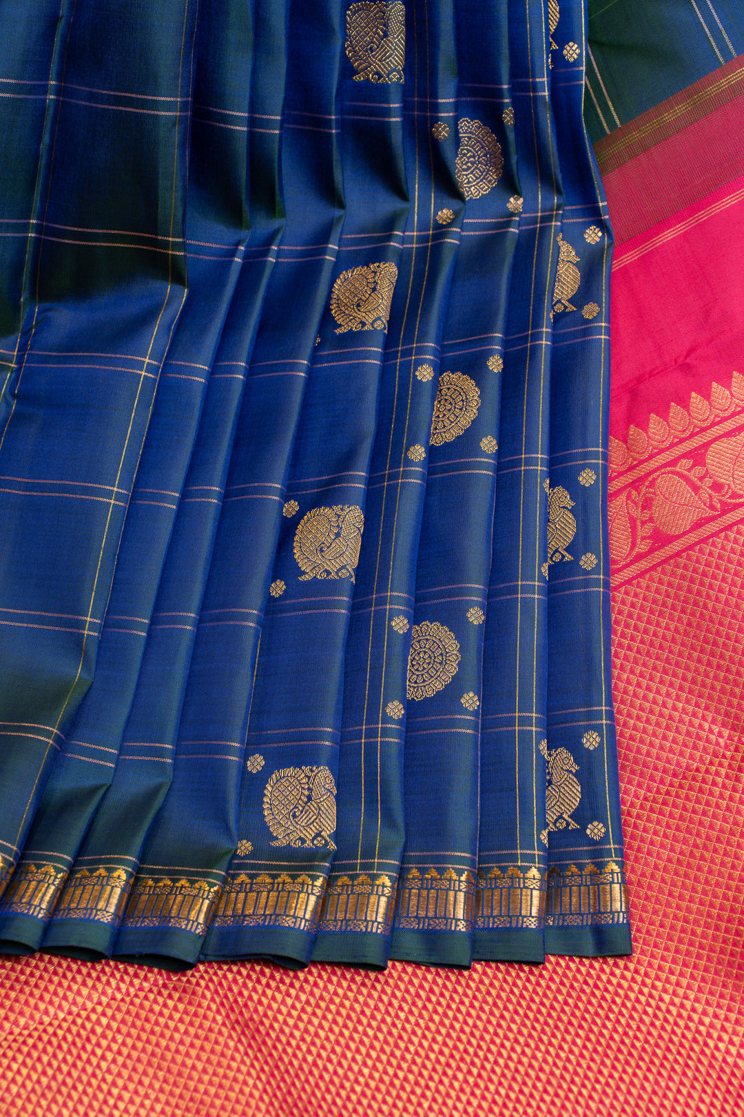 Peacock blue small border pure Kanchipuram silk saree
