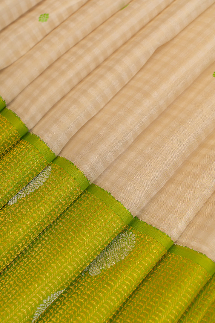 Off white and lime green pure Kanchipuram silk saree