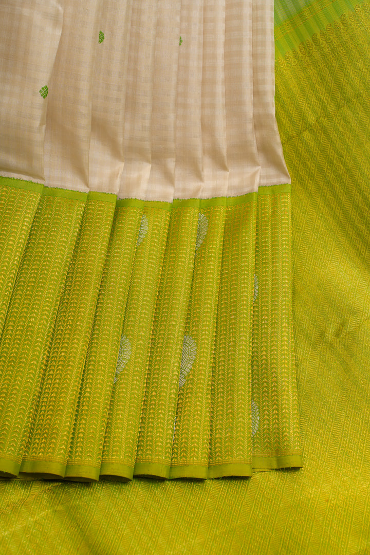 Off white and lime green pure Kanchipuram silk saree