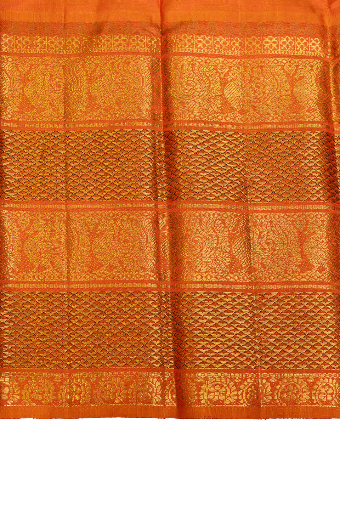 Emerald green and orange grand borders pure Kanchipuram silk saree