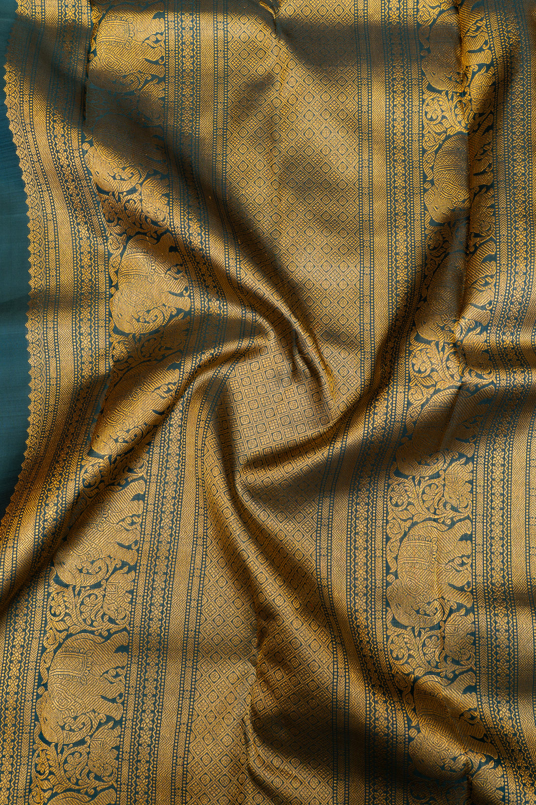 Orange and peacock green vintage checks pure Kanchipuram silk saree