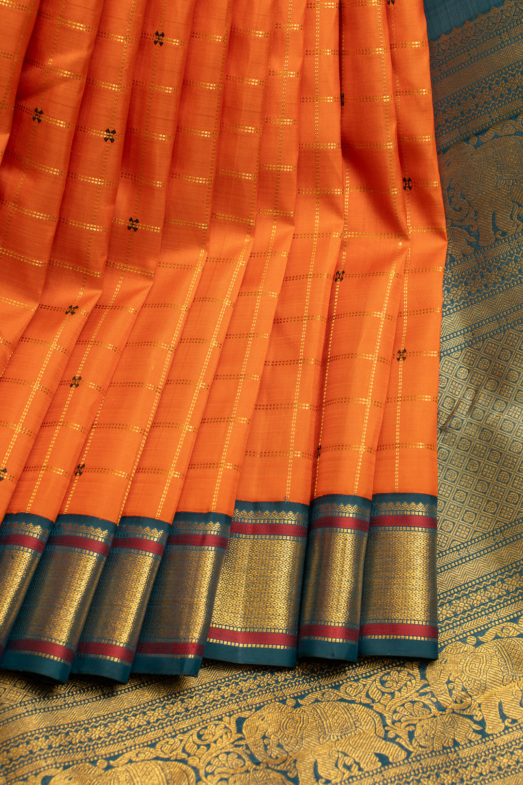 Orange and peacock green vintage checks pure Kanchipuram silk saree