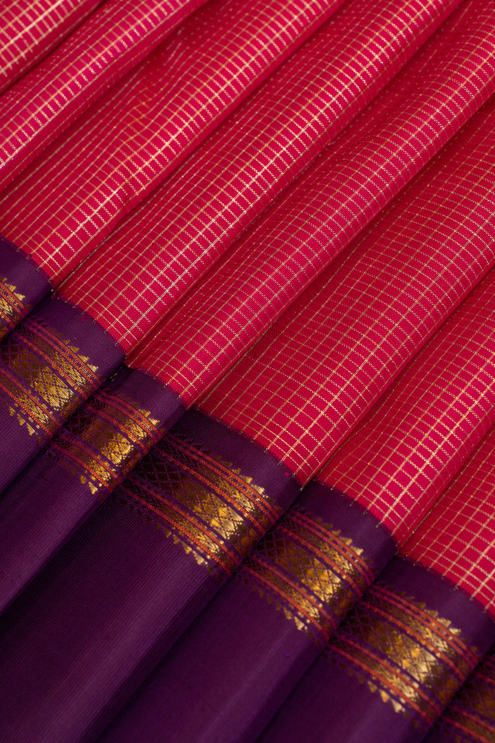 Magenta and purple checks pure Kanchipuram silk saree