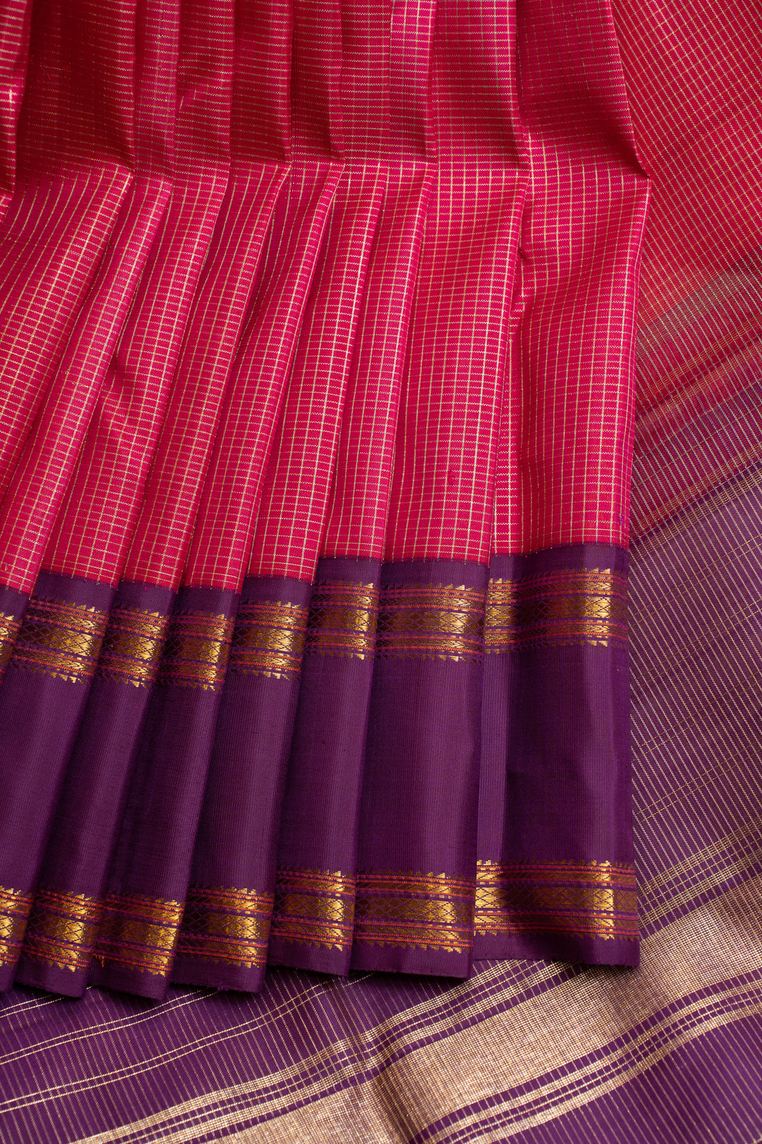 Magenta and purple checks pure Kanchipuram silk saree